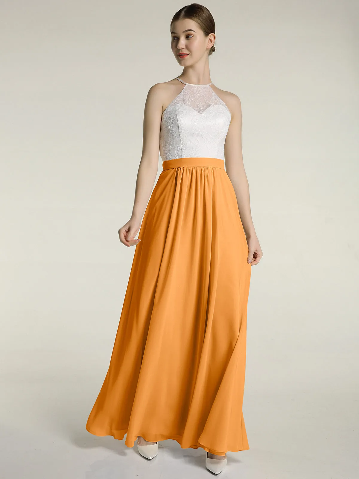 Chiffon Long Dresses with Ivory Lace Bodice-Tangerine