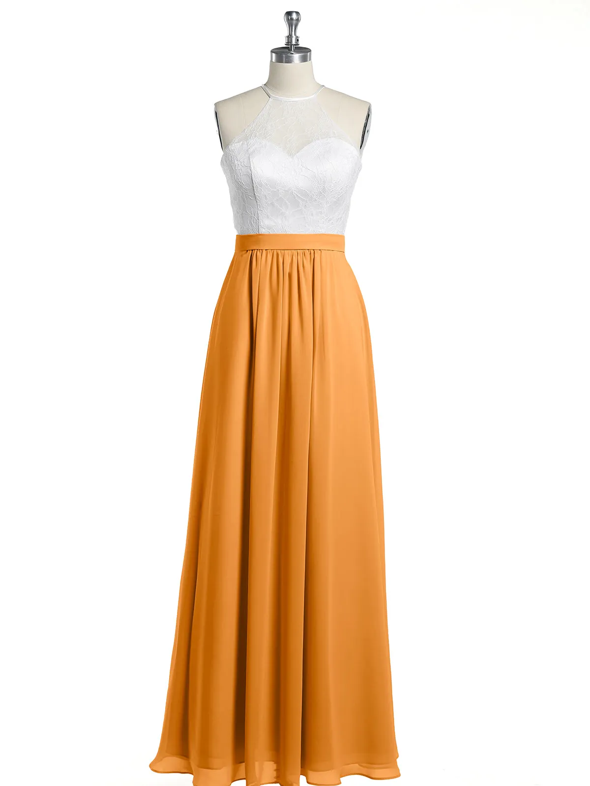 Chiffon Long Dresses with Ivory Lace Bodice-Tangerine