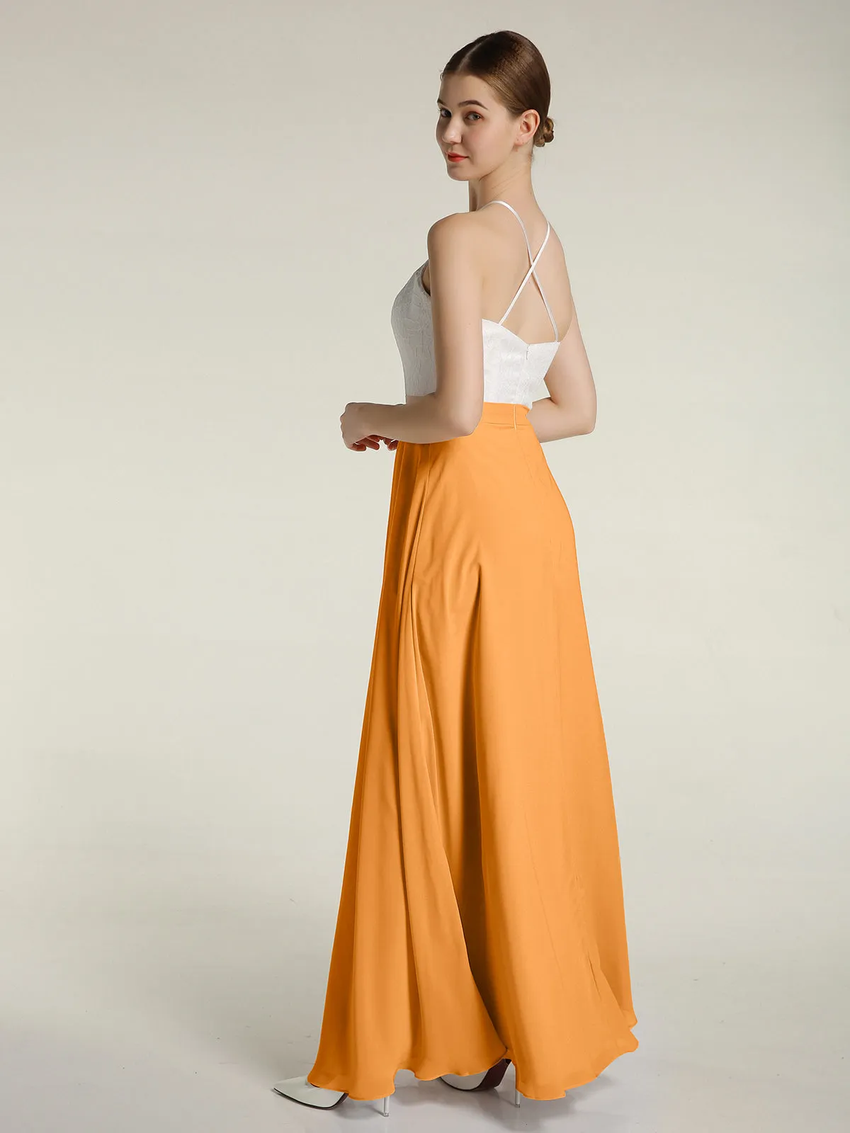 Chiffon Long Dresses with Ivory Lace Bodice-Tangerine