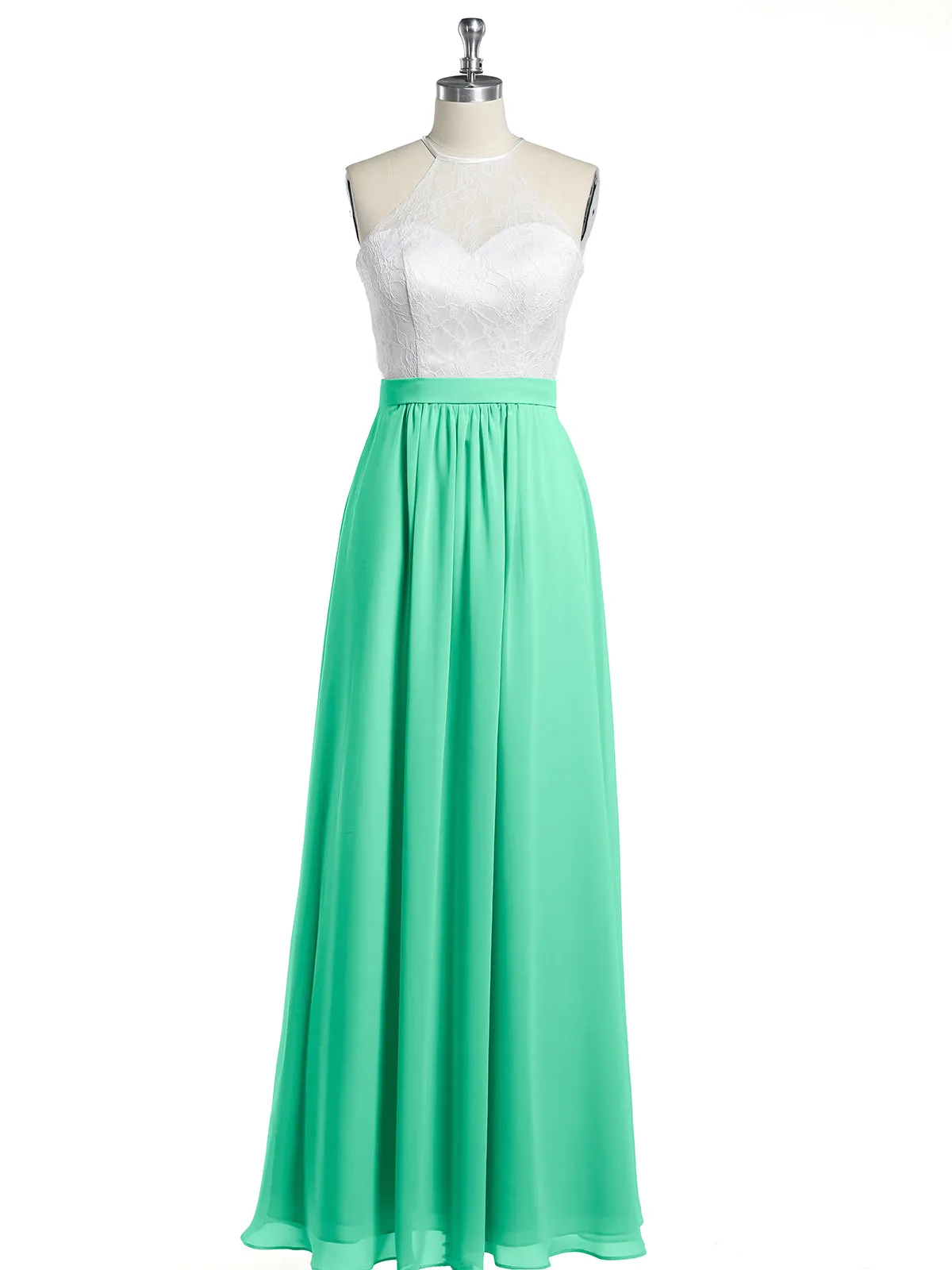 Chiffon Long Dresses with Ivory Lace Bodice-Turquoise Plus Size