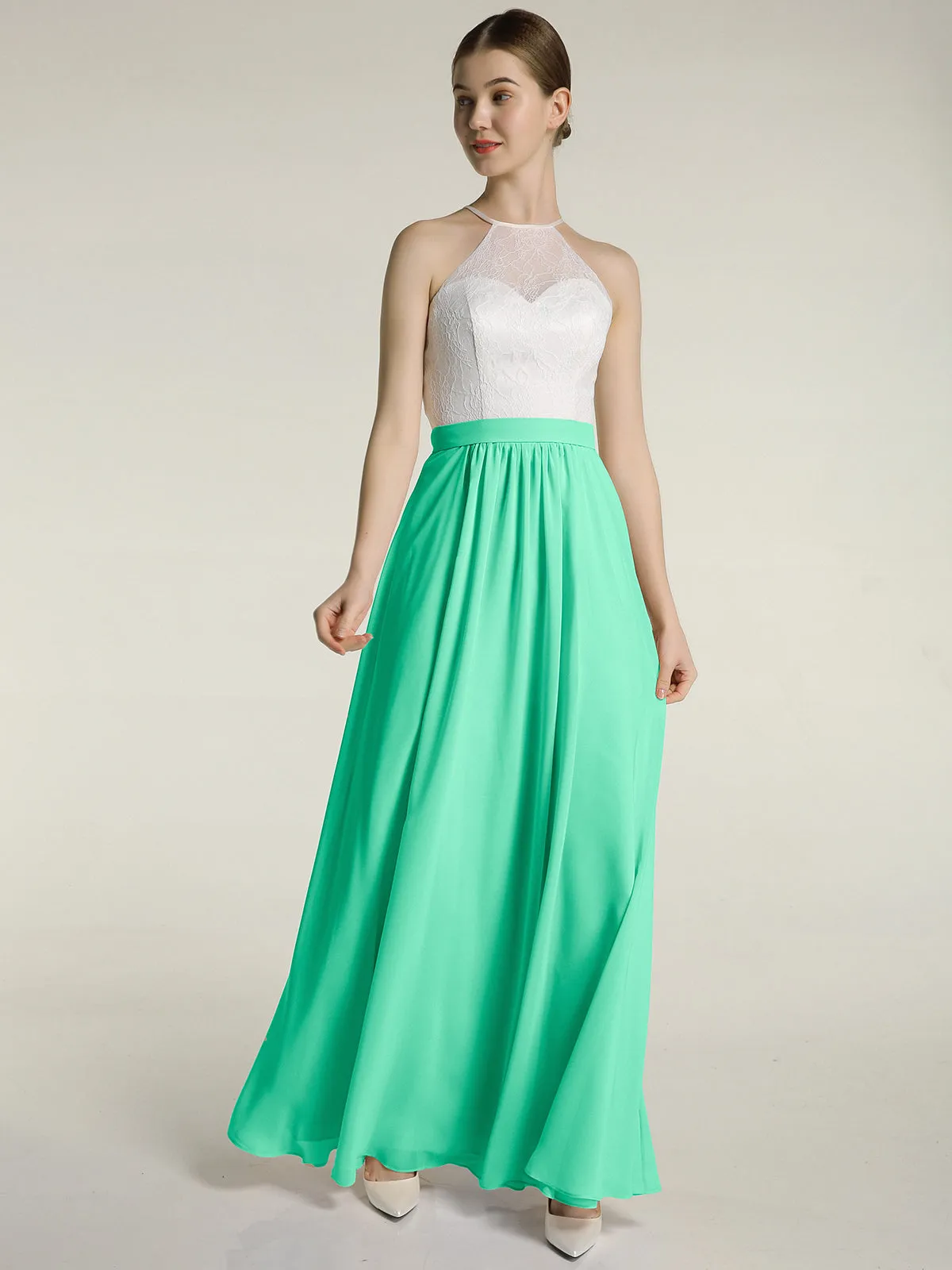 Chiffon Long Dresses with Ivory Lace Bodice-Turquoise Plus Size