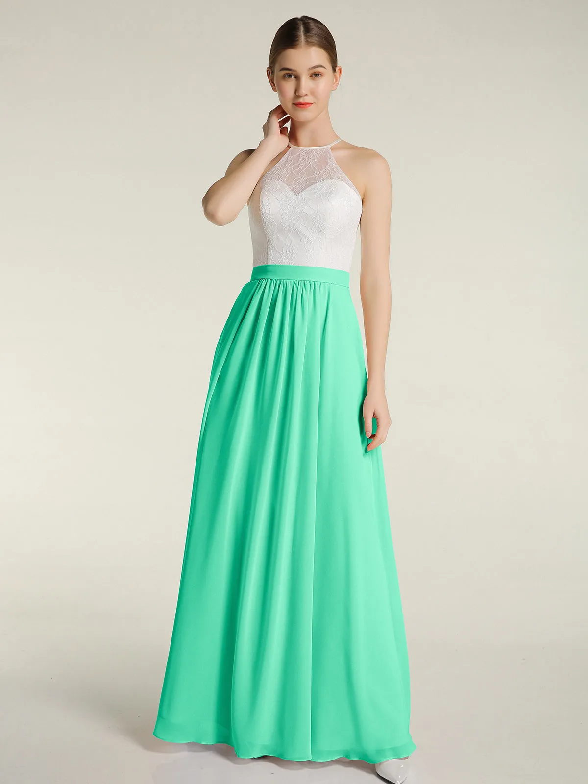Chiffon Long Dresses with Ivory Lace Bodice-Turquoise Plus Size