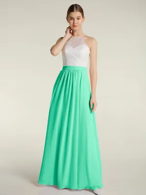 Chiffon Long Dresses with Ivory Lace Bodice-Turquoise Plus Size