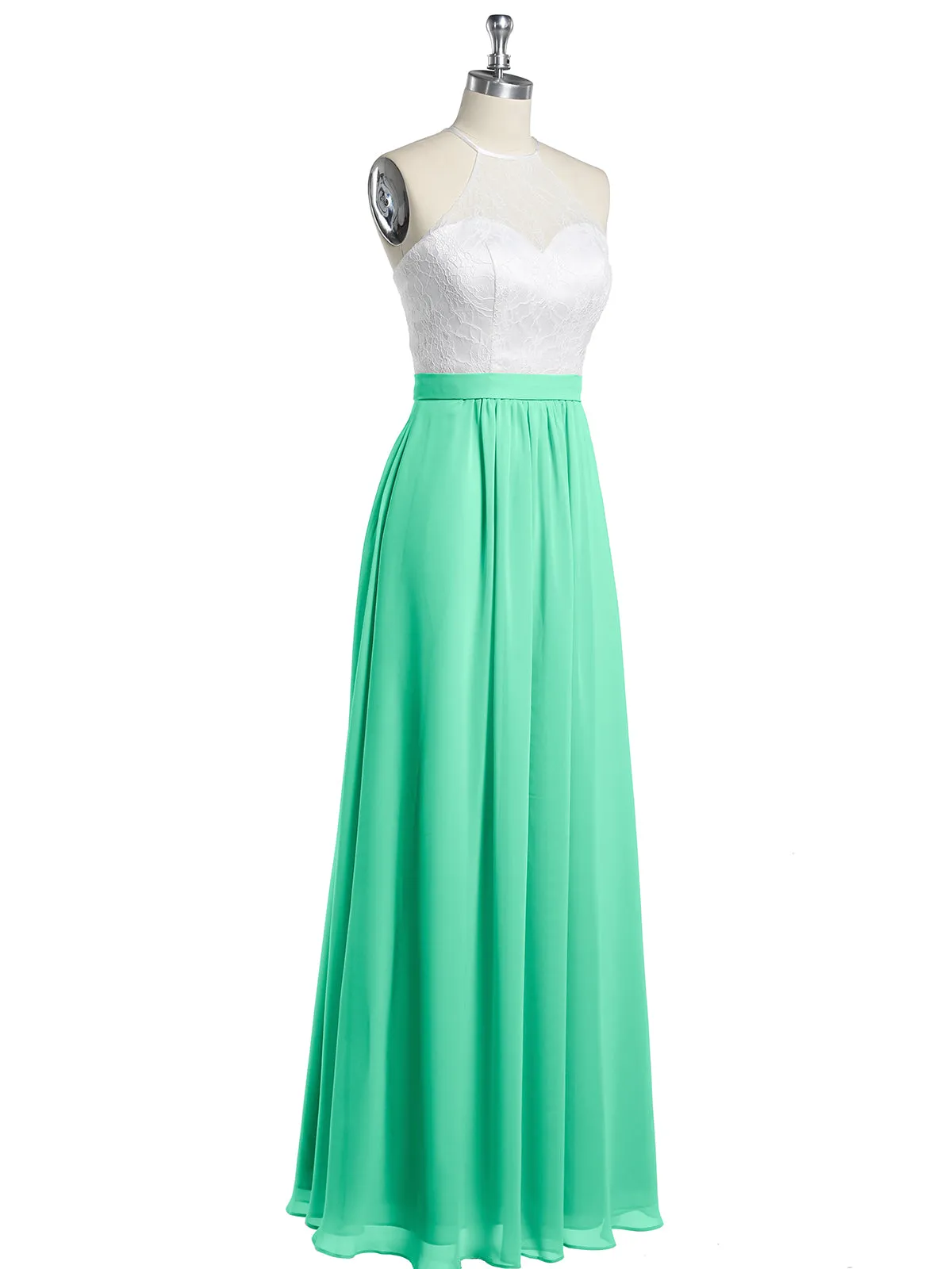 Chiffon Long Dresses with Ivory Lace Bodice-Turquoise Plus Size