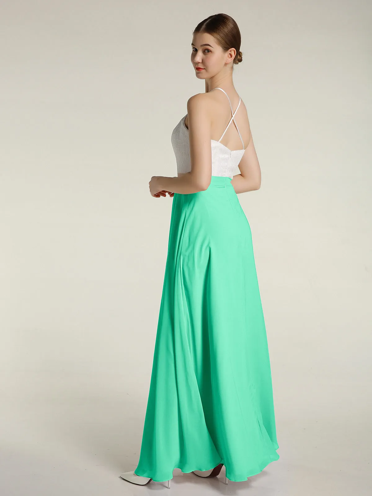 Chiffon Long Dresses with Ivory Lace Bodice-Turquoise Plus Size