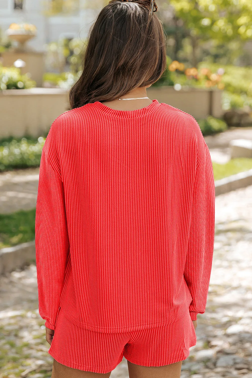 Corded Knit Long Sleeve Top and High Waist Shorts Set