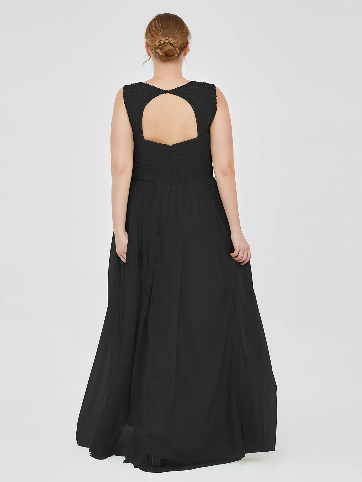 Cross-Pleated Tulle Long Dresses with Beaded Straps Black Plus Size