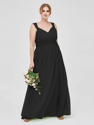 Cross-Pleated Tulle Long Dresses with Beaded Straps Black Plus Size