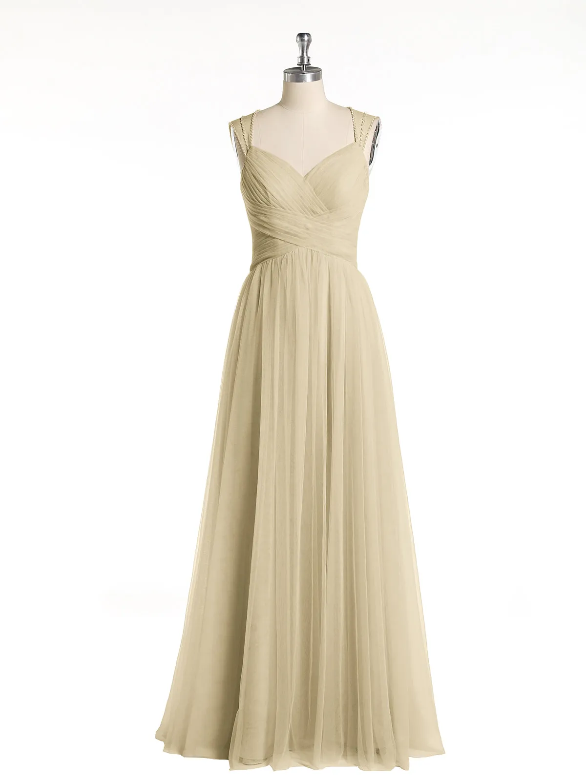 Cross-Pleated Tulle Long Dresses with Beaded Straps Champagne