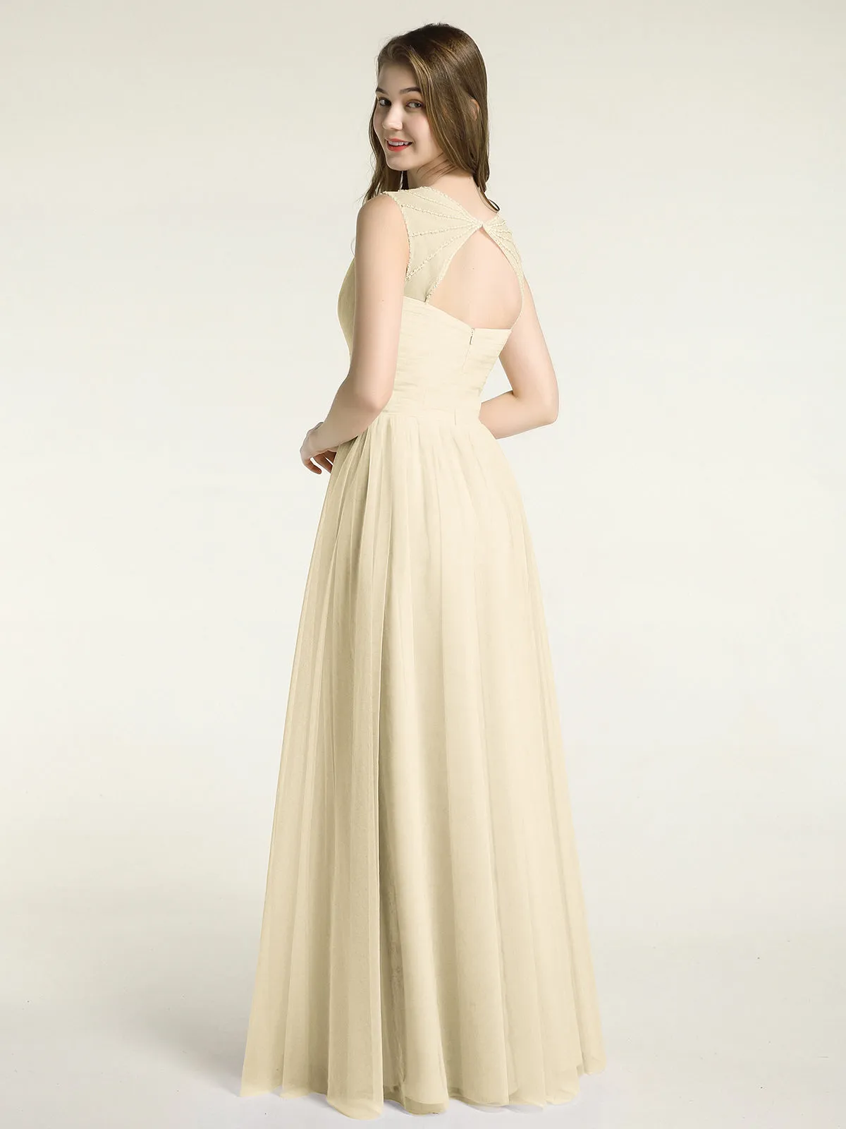 Cross-Pleated Tulle Long Dresses with Beaded Straps Champagne