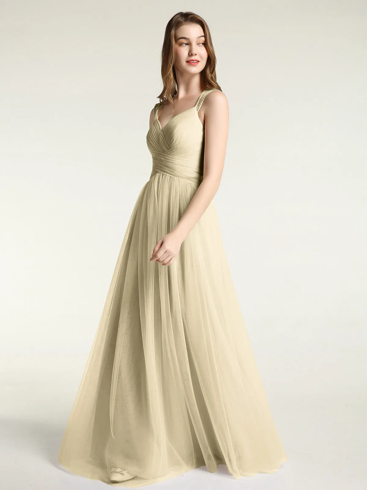 Cross-Pleated Tulle Long Dresses with Beaded Straps Champagne