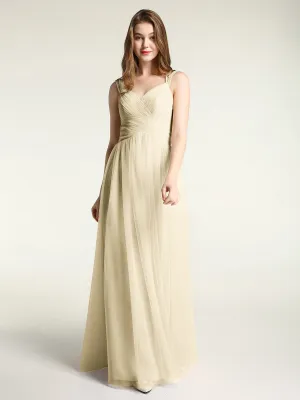 Cross-Pleated Tulle Long Dresses with Beaded Straps Champagne