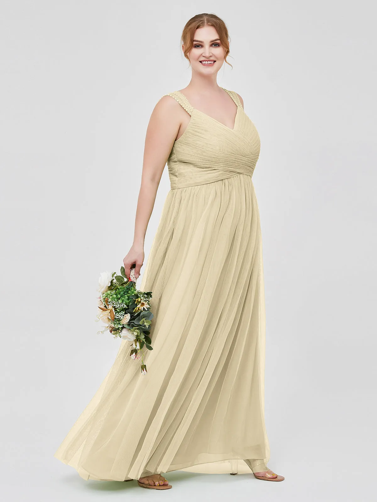 Cross-Pleated Tulle Long Dresses with Beaded Straps Champagne