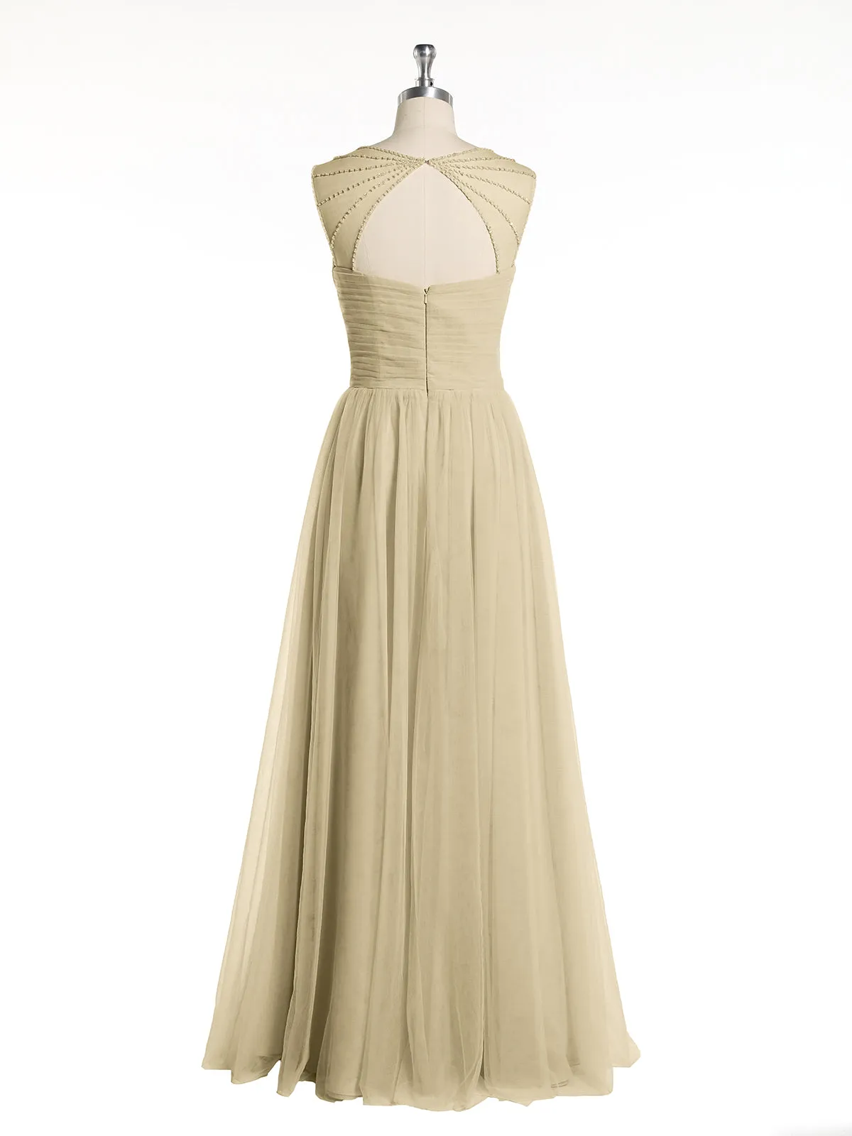 Cross-Pleated Tulle Long Dresses with Beaded Straps Champagne