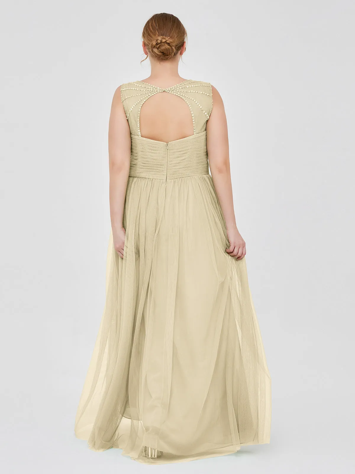 Cross-Pleated Tulle Long Dresses with Beaded Straps Champagne