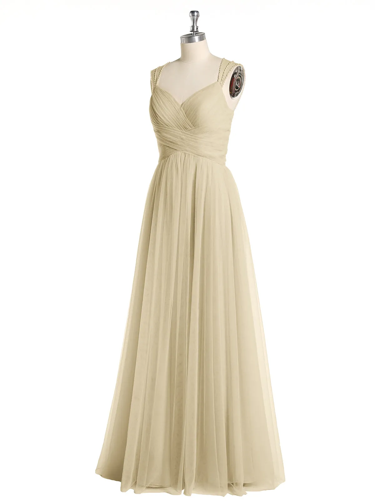 Cross-Pleated Tulle Long Dresses with Beaded Straps Champagne