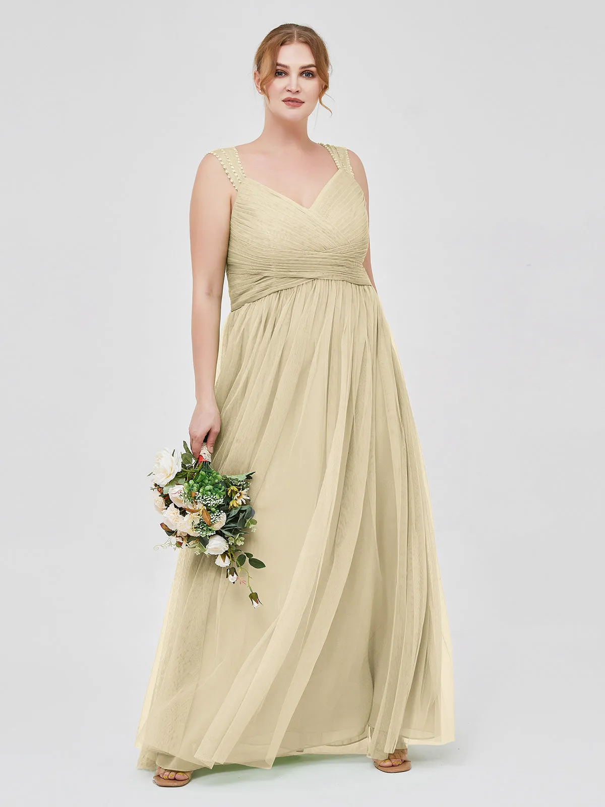 Cross-Pleated Tulle Long Dresses with Beaded Straps Champagne