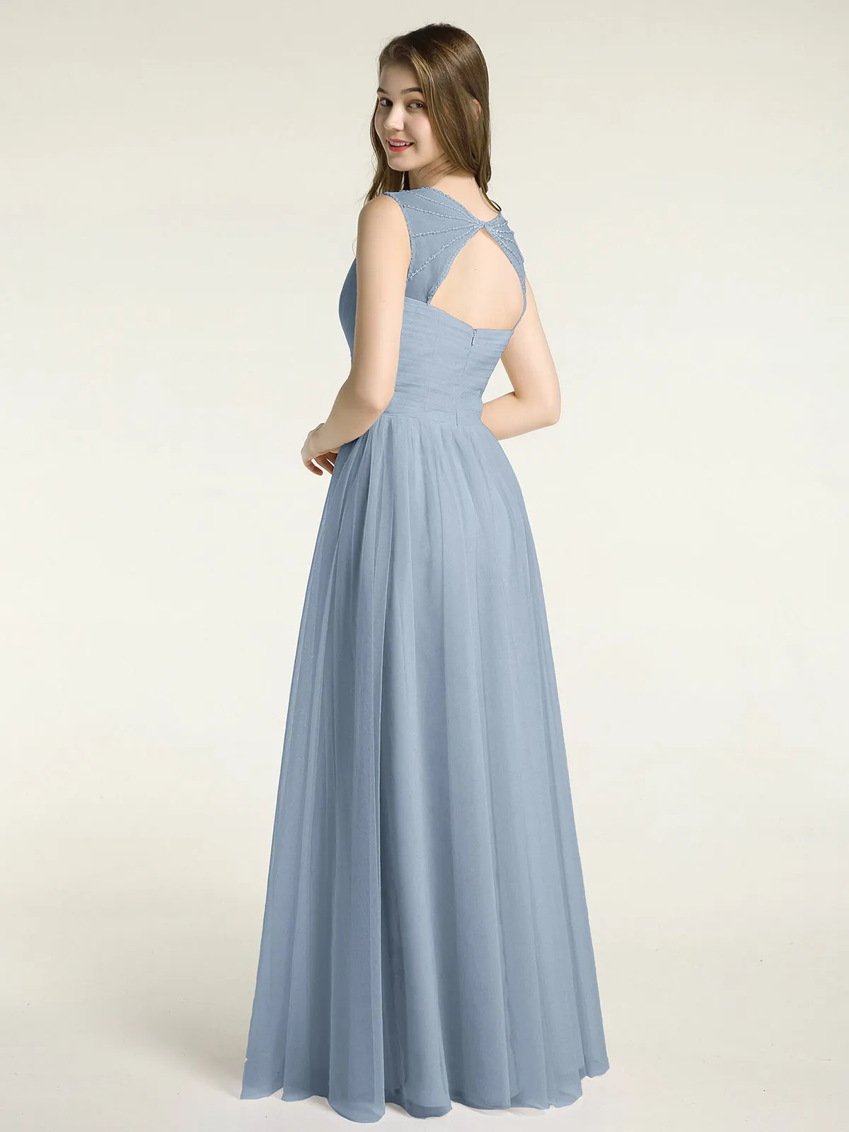 Cross-Pleated Tulle Long Dresses with Beaded Straps Dusty Blue