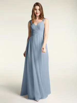 Cross-Pleated Tulle Long Dresses with Beaded Straps Dusty Blue