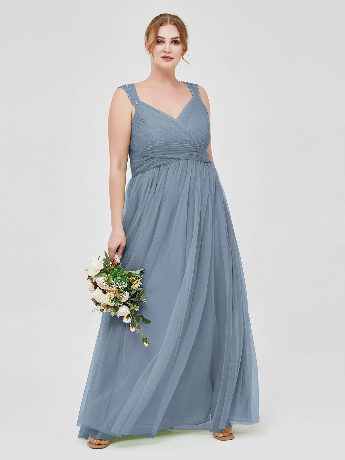 Cross-Pleated Tulle Long Dresses with Beaded Straps Dusty Blue
