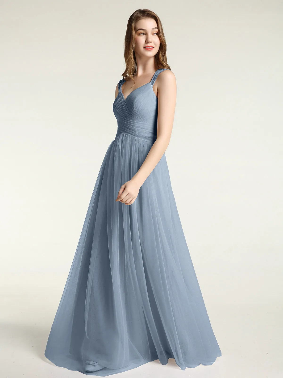 Cross-Pleated Tulle Long Dresses with Beaded Straps Dusty Blue