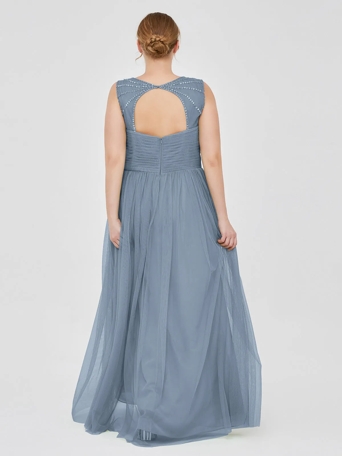 Cross-Pleated Tulle Long Dresses with Beaded Straps Dusty Blue
