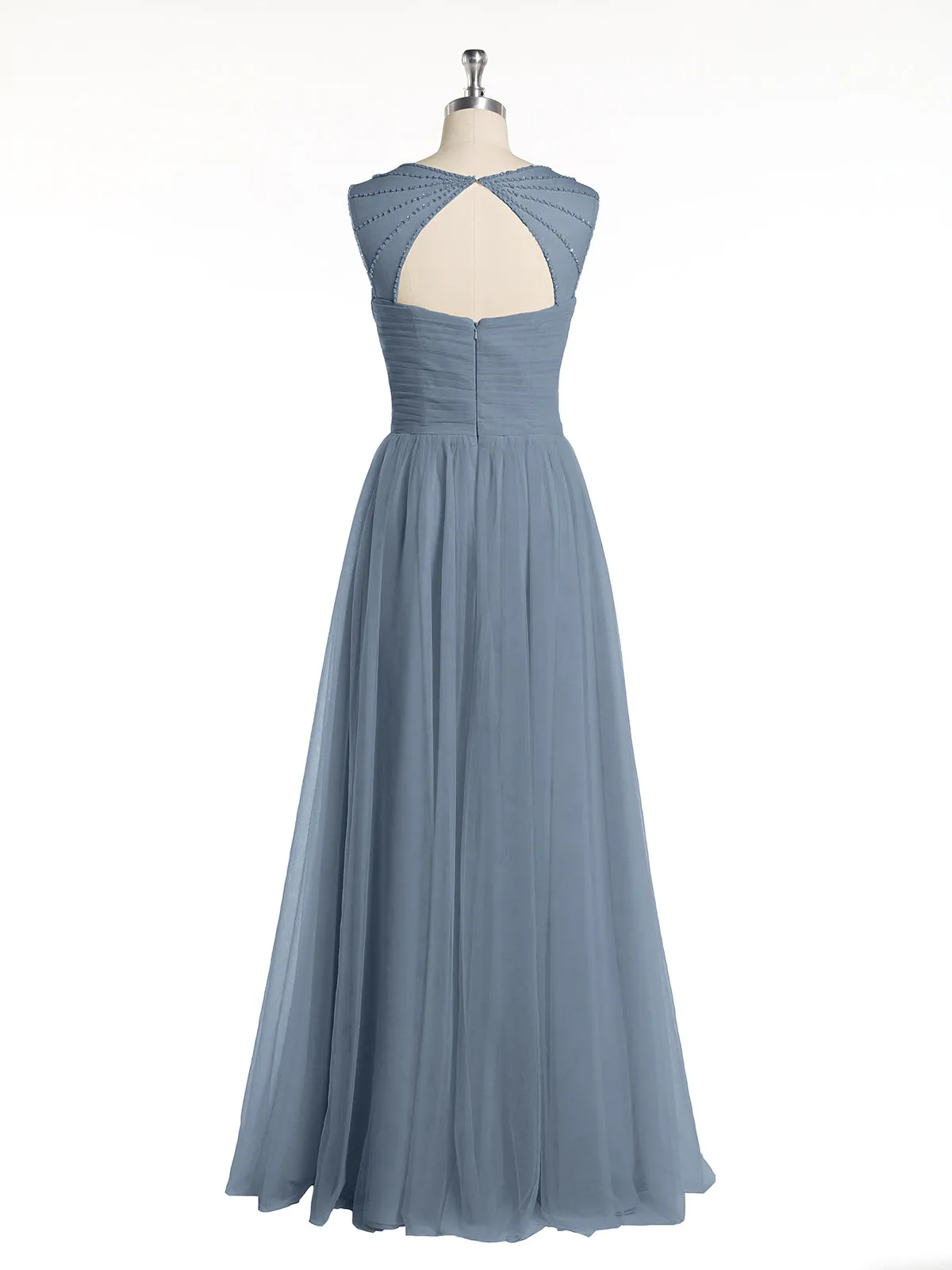 Cross-Pleated Tulle Long Dresses with Beaded Straps Dusty Blue