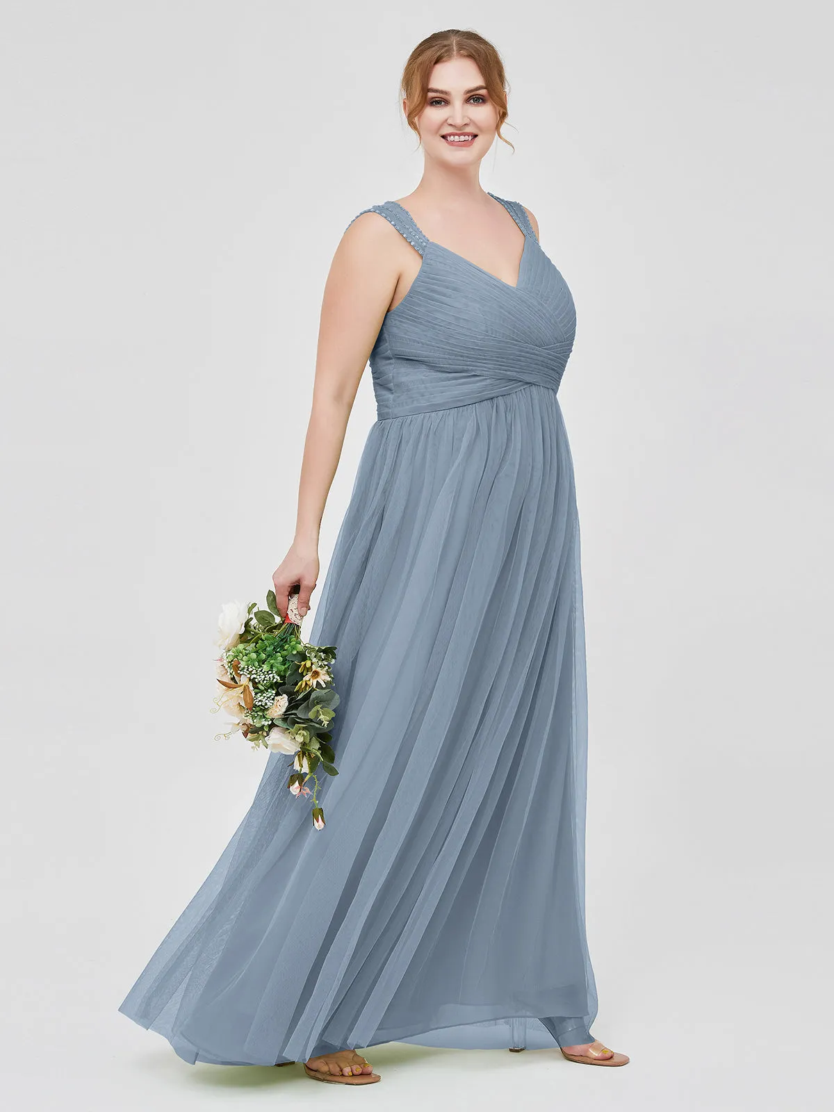 Cross-Pleated Tulle Long Dresses with Beaded Straps Dusty Blue