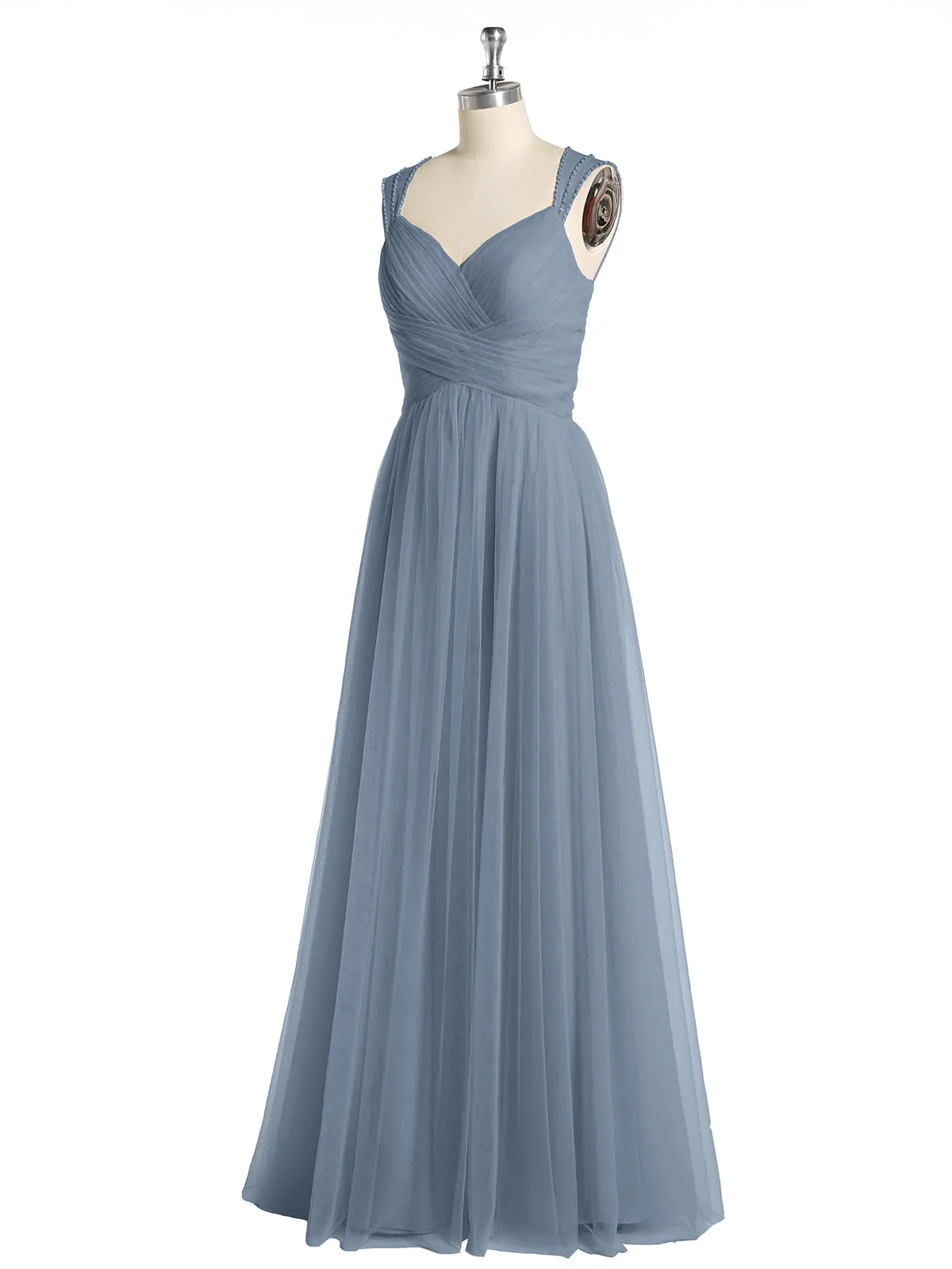 Cross-Pleated Tulle Long Dresses with Beaded Straps Dusty Blue