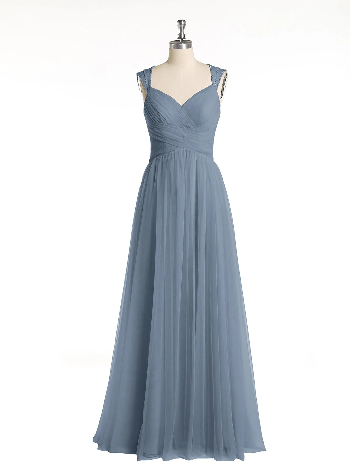 Cross-Pleated Tulle Long Dresses with Beaded Straps Dusty Blue