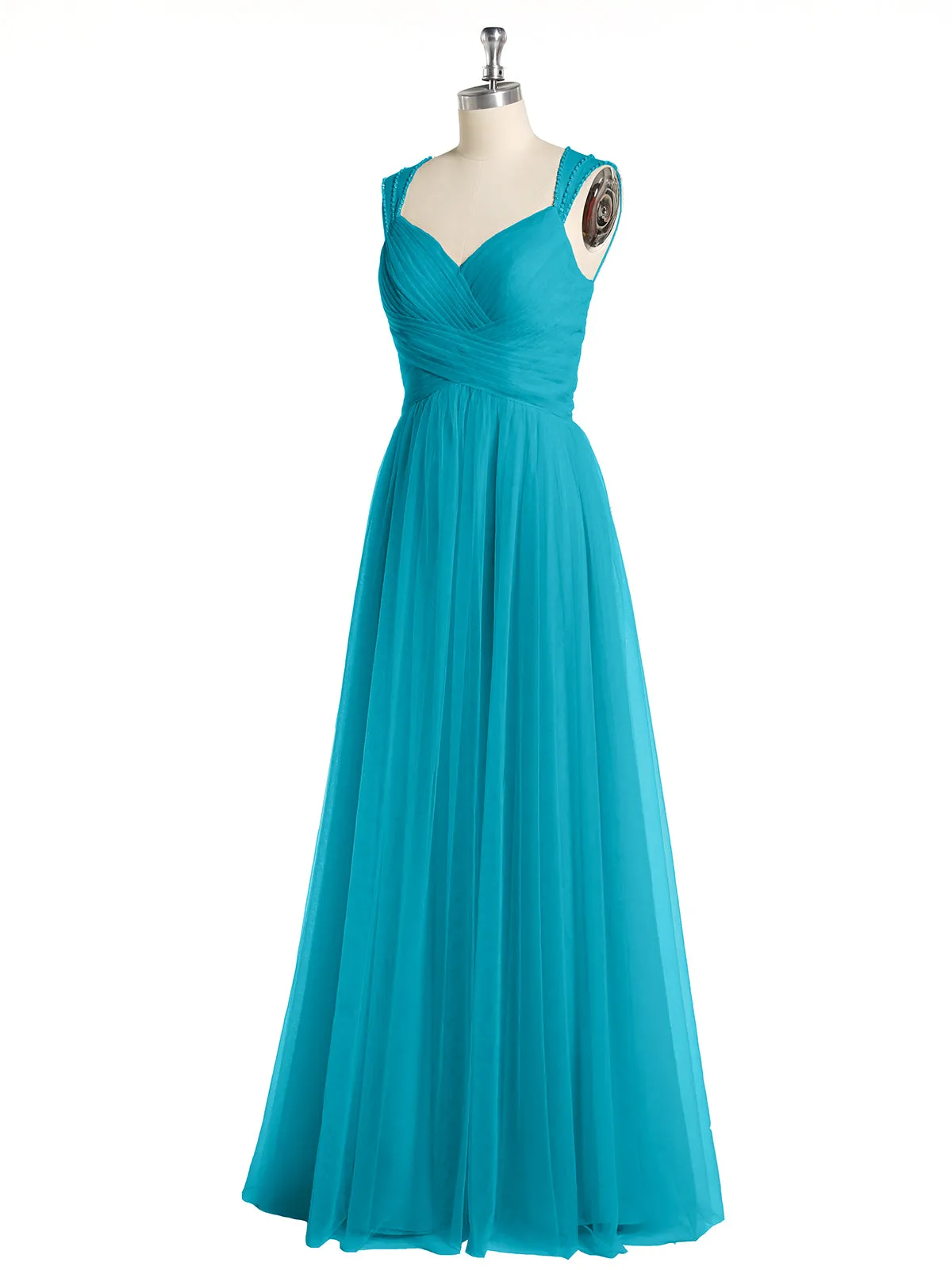 Cross-Pleated Tulle Long Dresses with Beaded Straps Jade
