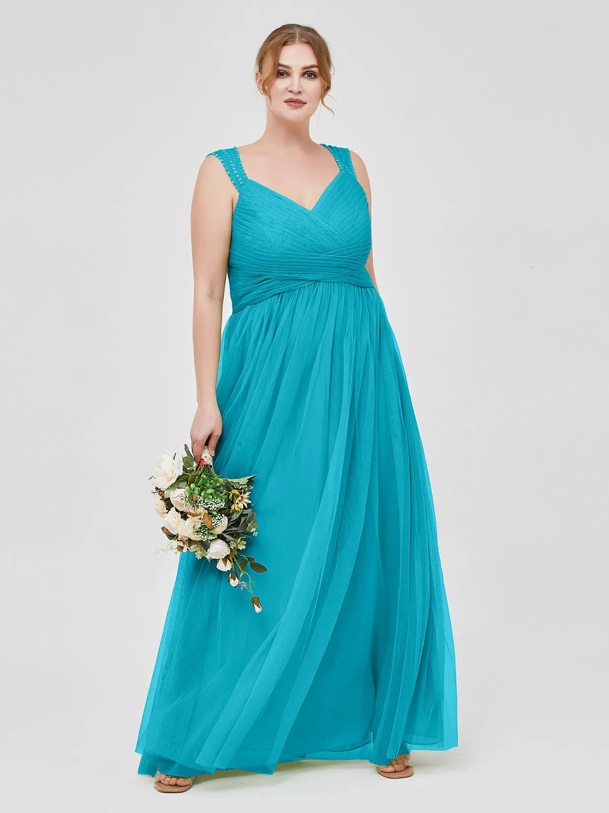 Cross-Pleated Tulle Long Dresses with Beaded Straps Jade