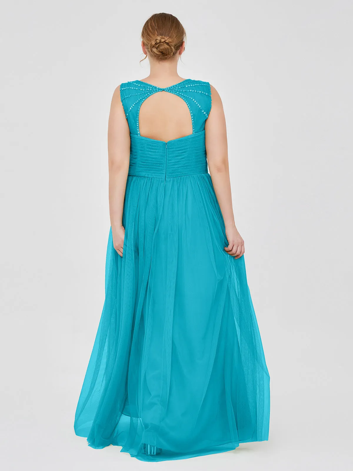 Cross-Pleated Tulle Long Dresses with Beaded Straps Jade