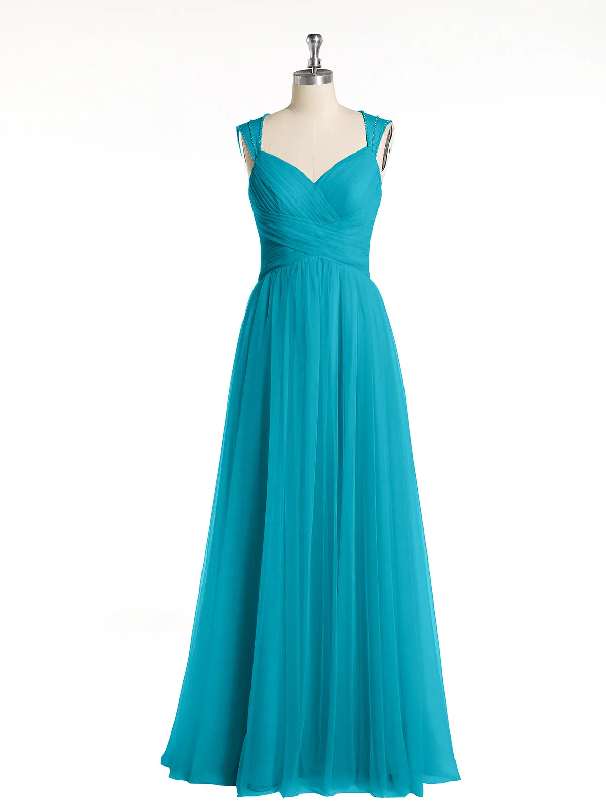 Cross-Pleated Tulle Long Dresses with Beaded Straps Jade