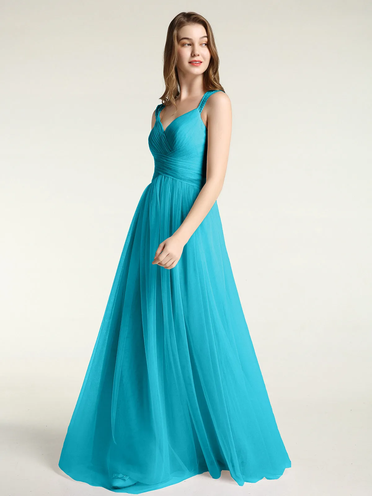 Cross-Pleated Tulle Long Dresses with Beaded Straps Jade