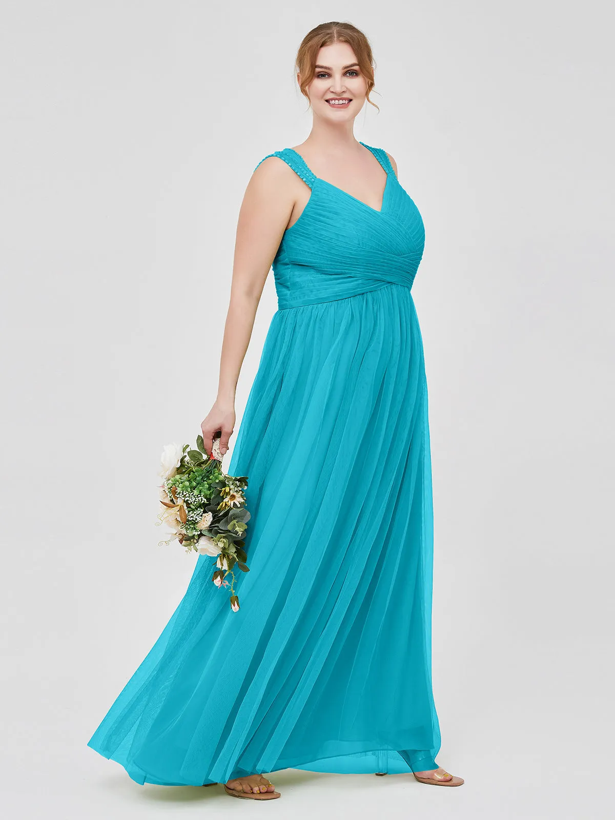 Cross-Pleated Tulle Long Dresses with Beaded Straps Jade