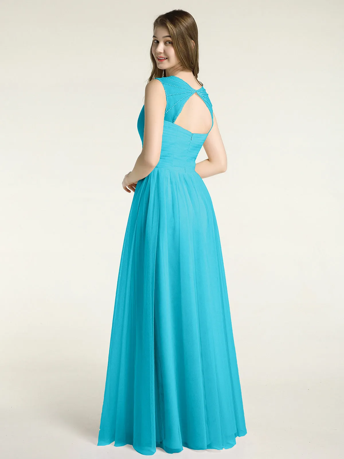 Cross-Pleated Tulle Long Dresses with Beaded Straps Jade