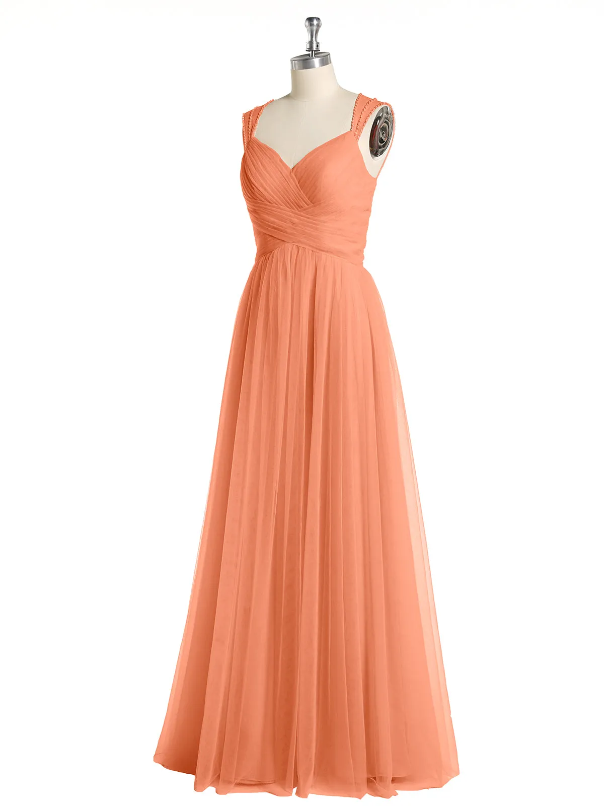 Cross-Pleated Tulle Long Dresses with Beaded Straps Papaya