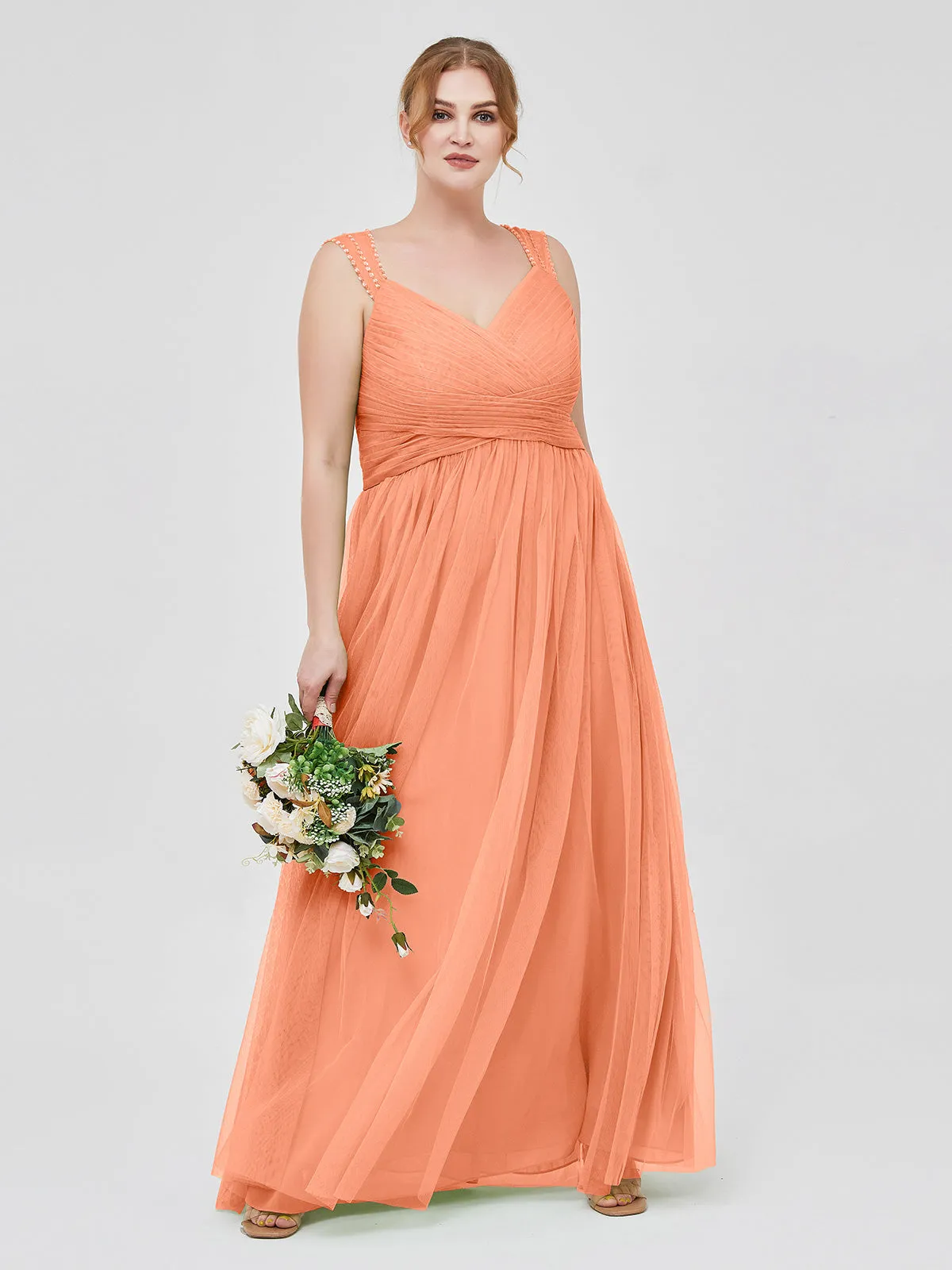 Cross-Pleated Tulle Long Dresses with Beaded Straps Papaya