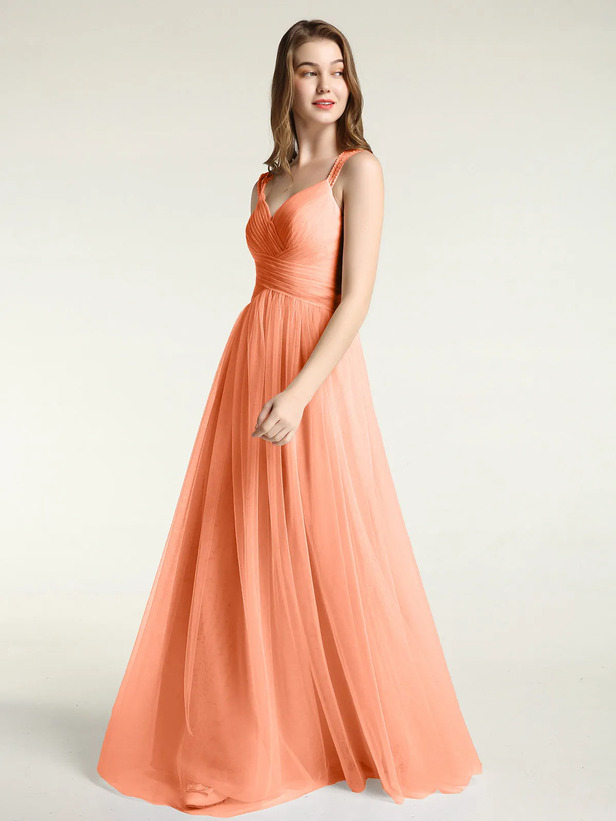 Cross-Pleated Tulle Long Dresses with Beaded Straps Papaya