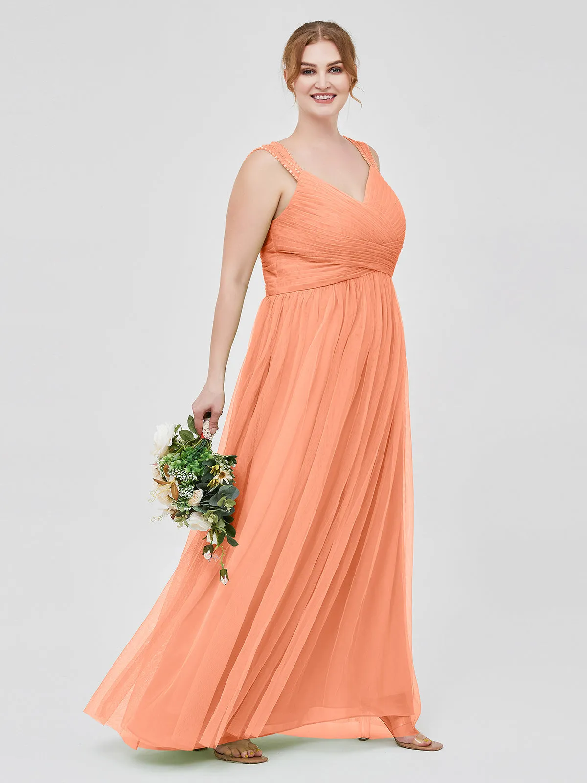 Cross-Pleated Tulle Long Dresses with Beaded Straps Papaya