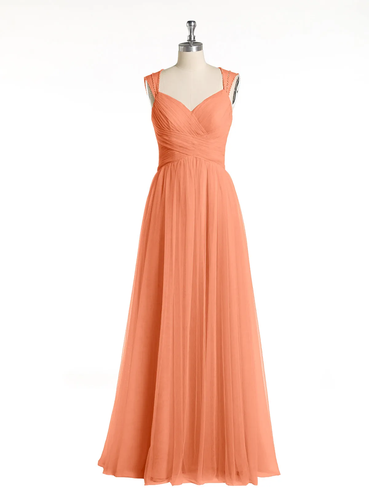 Cross-Pleated Tulle Long Dresses with Beaded Straps Papaya