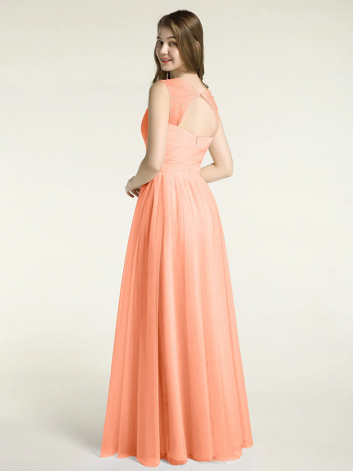 Cross-Pleated Tulle Long Dresses with Beaded Straps Papaya