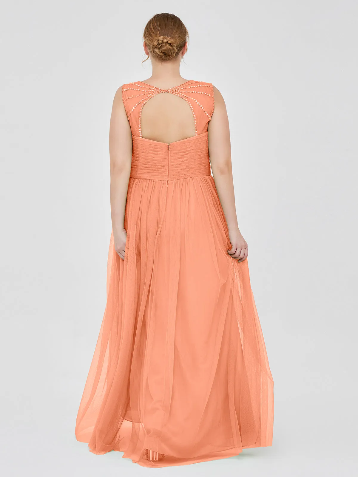 Cross-Pleated Tulle Long Dresses with Beaded Straps Papaya