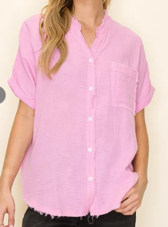 Distressed Gauze Button Up Top