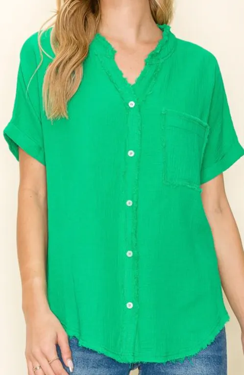 Distressed Gauze Button Up Top