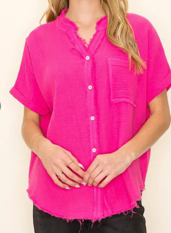 Distressed Gauze Button Up Top