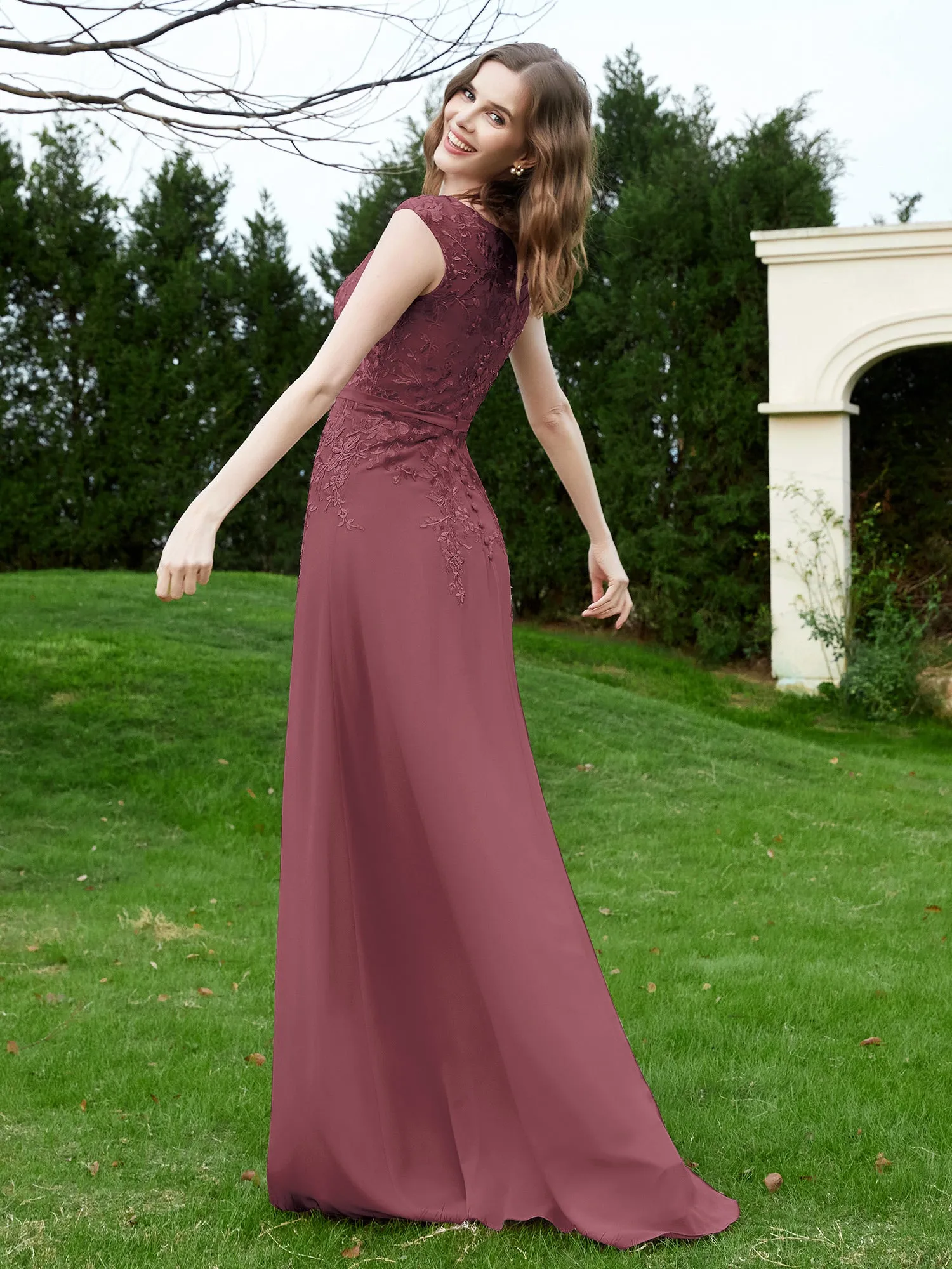 Elegant Illusion Lace Appliqued Dress With Buttons Mulberry Plus Size