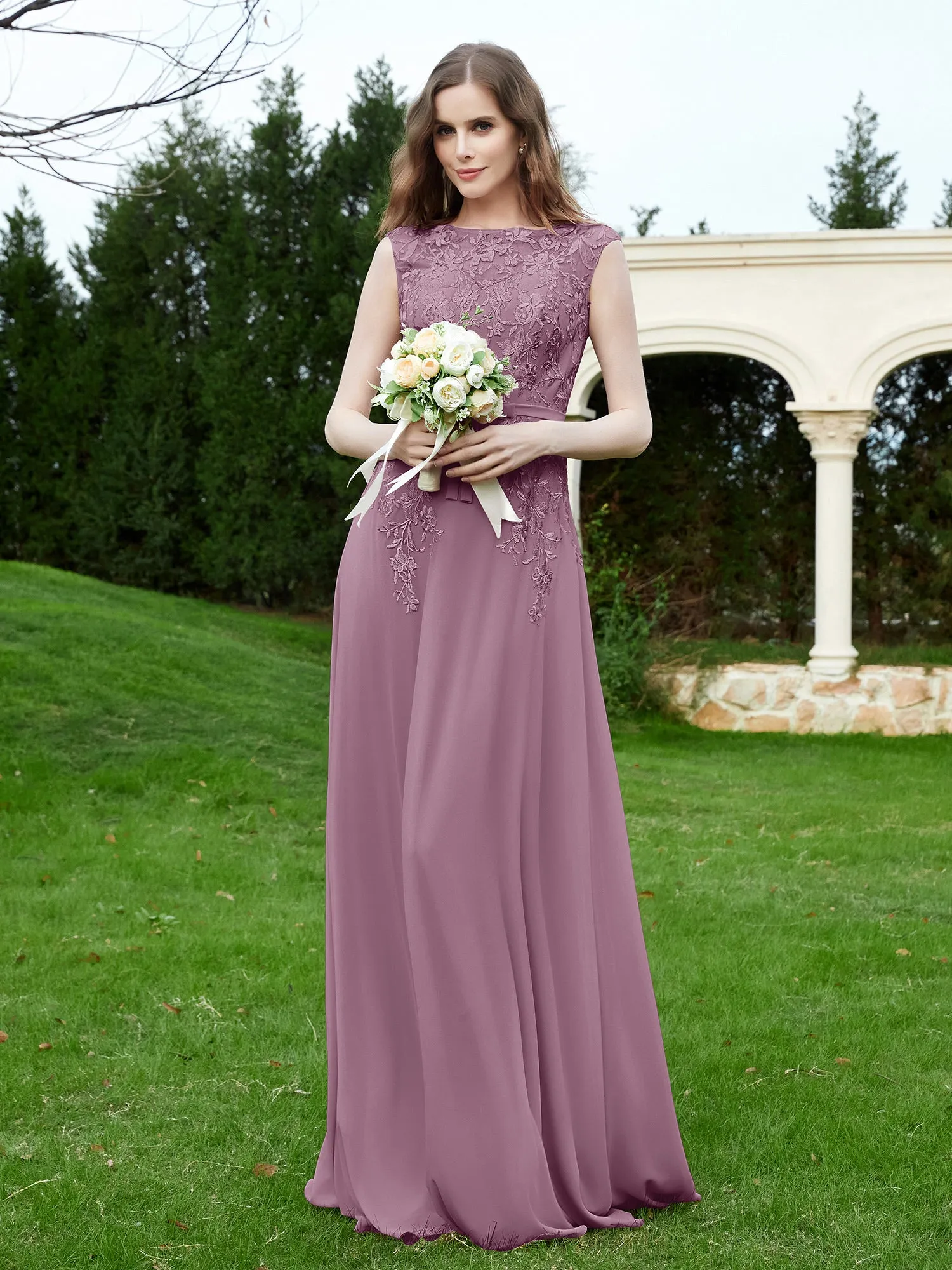 Elegant Illusion Lace Appliqued Dress With Buttons Wisteria Plus Size