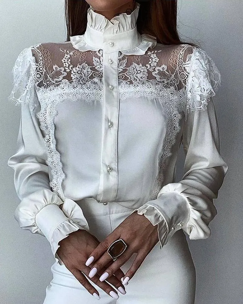 Eyelash Crochet Lace Lantern Sleeve Frill Hem Top